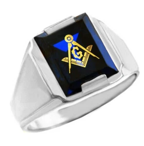 White Gold Freemason Blue Stone Square and Compass Masonic Mens Ring - Picture 1 of 3