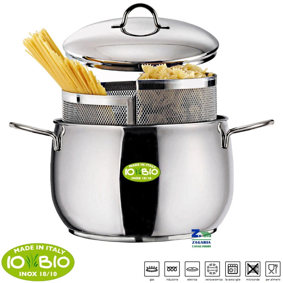 Pentola Duetto Bio 2 cesti lt 7 acciaio inox doppia cottura Scolapasta induzione