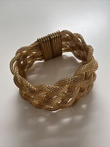 Braided Mesh Gold Tone Bracelet Cuff Magnetic Clasp Weaved Pattern Colored Metal