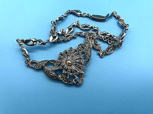 Vintage Silver Metal Marcasite Pearl Filigree Necklace Pendant - Picture 1 of 9