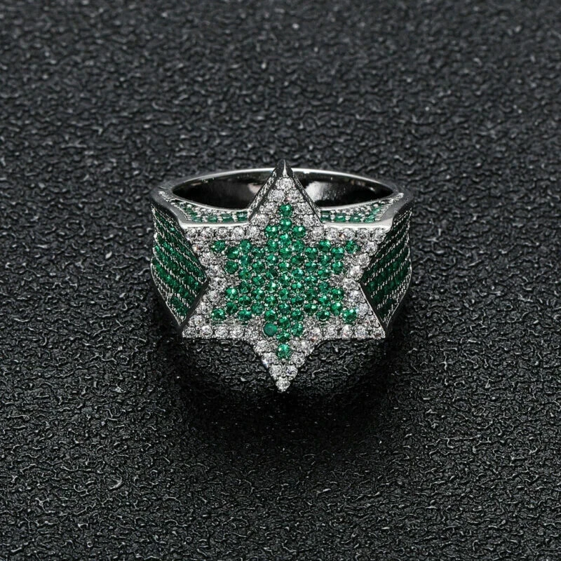 Мужское кольцо круглой огранки с имитацией изумруда в форме звезды с мизинцем покрытие белым золотом 14 карат 3 карата - Изображение 1 из 4