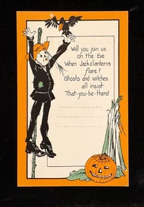 UNBENUTZTE HALLOWEEN POSTKARTE EINLADUNG ZU EINER PARTY ILLUS SCHEUCHE - Bild 1 von 2