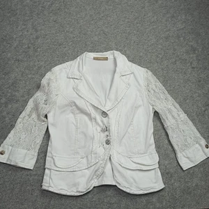 Bottega by Elisa Cavaletti Womens Denim Jacket Size L White Lace-Sleeves Jeans - Picture 1 of 14