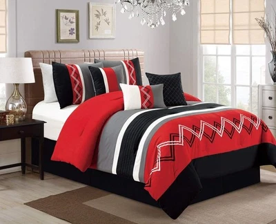 Arden 7-Piece Modern Pleated Stripe Embroidered Zigzag Bedding Comforter Set ... - Image 1 of 4