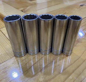 S-K  1/2" Deep Well Sockets 5/8, 11/16, 3/4, 13/16 & 7/8" 12-Point Set Of 5 - Picture 1 of 5