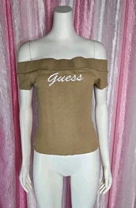 GUESS Vintage Logo Off-Shoulder Tan Y2K Retro Classic Top Size XL  - Picture 1 of 8