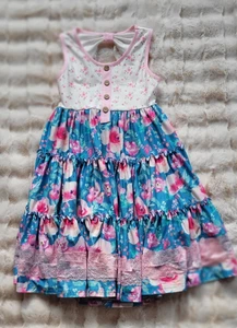 Cheeky Plum Girls Blue And Pink Floral Sleeveless Tier Dress Size 10Y - Picture 1 of 8