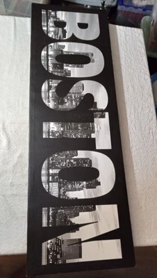 БОСТОН черно-белый холст с типографикой настенное искусство город горизонт 15 x 47 дюймов - Изображение 1 из 4