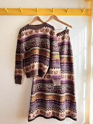 ULLA JOHNSON fair isle intarsia suéter de malha top gola redonda saia terno conjunto férias - Imagem 1 de 4