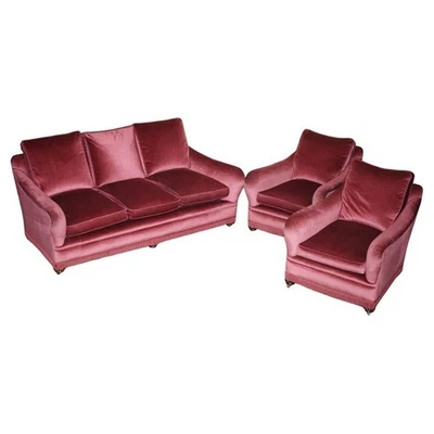 EXQUISITE VICTORIAN SALMON VELOUR UPHOLSTERED SOFA & PAIR OF ARMCHAIRS SUITE - Image 1 of 4