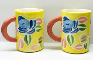PIER 1 ONE IMPORTS Floral Flower Espresso Mini Coffee Mugs Cup Yellow set of 2. - Picture 1 of 8