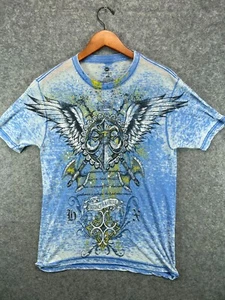 Hybrid T Shirt Mens Small Blue Burnout Wings Script Crew Short Sleeve Adult - Picture 1 of 11