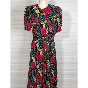 MS Chaus Dress Women 8 Black Pink Floral Jamaican Colorful Pleat Party VTG - Picture 1 of 12