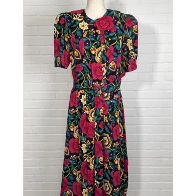 MS Chaus Dress Women 8 Black Pink Floral Jamaican Colorful Pleat Party VTG - Image 1 of 4