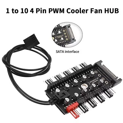 1 to 10, 12V, 4 Pin PWM Fan Splitter via SATA, CPU Cooler Fan & PC Case Fan Hub - Image 1 of 4