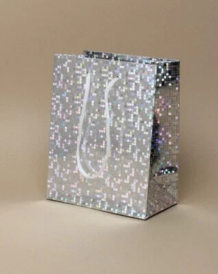 ARRANVIEW JEWELLERY Small Mini gift bags in silver holographic foil with handles (12 pack)