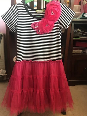Little Mass Girls Dress Black And White Stripe With Pink Flare Tutu Skirt,Size 6 - Image 1 of 4
