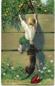 Künstler-AK DACKEL, Dackel beist kleinen Jungen ins Hemd, "...so ich Dir" 1912 - Picture 1 of 1