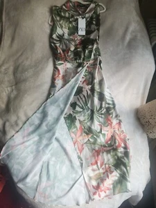 NWT WOMAN SS24 TROPICAL PRINT MIDI DRESS ECRU / GREEN Sz L - Picture 1 of 18