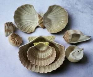 Seashell Bowls Salt And Pepper Creamer Sugar Bowl Three Serving Dishes Seashell - Picture 1 of 16