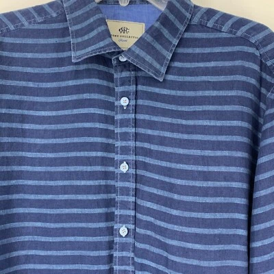 Mens Report Collection Linen Horizontal Stripe Resort Shirt XL 3824 Navy EUC - Image 1 of 4