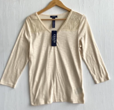 CHAPS Natural Ivory Lace Trim Embroidered Popover Knit Top Size L NWT - Изображение 1 из 4