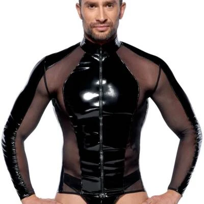 BLACK LEVEL T-Shirts Herren Lack Netz eng Langarm Hemd Wetlook Glanz PVC transparent "Glenn"