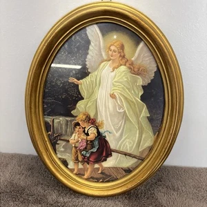 Vintage Oval Guardian Angel Gold Framed Wall Hanging Made in Italy - Picture 1 of 10
