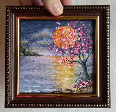Pintura Acrílica Original Paisaje Flores de Cerezo Luna Mar Arte de Pared 4 x 4 pulgadas Foto 1 de 4