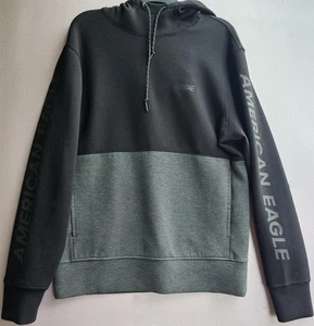 American Eagle Felpa con Cappuccio Uomo Medium Nero Grigio Colorblock Logo Manica Pullover - Foto 1 di 6