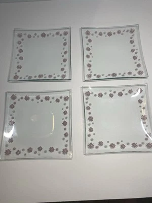 Set of 4 Vintage Clear 6" Square Clear Glass With Purple Flowers Dessert Plates - Image 1 of 4