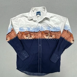 Wrangler Shirt Mens Large Blue White Aztec Cowboy Rodeo Wrap Around Pearl Snap - Picture 1 of 11