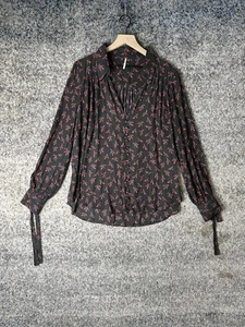 Free People blusa donna grande nera rossa stampa floreale bottoni davanti boho top - Foto 1 di 8