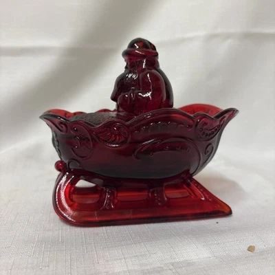 Ruby Red Carnival Glass Santa on Sleigh Covered Candy Nut Trinket Dish 5.25" L - Image 1 of 4