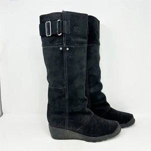 Sorel Women's Black Suede Knee-High Pull On Boots Size 9 Wedge Heel - Picture 1 of 15