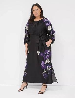 NEW LANE BRYANT PLUS SIZE BLACK FLORAL SATIN LONG SLEEVE BELTED MAXI DRESS SZ 20 - Image 1 of 3