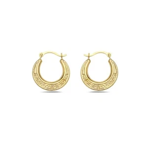 14K Yellow Gold Round Greek Key Design French Lock Hoop Earrings For Womans - Picture 1 of 6