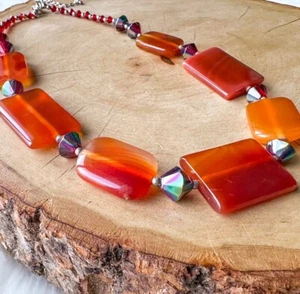 Polished Rectangle Carnelian & Red Glass Oil Slick Bead Necklace Silver Jewelry - Picture 1 of 5