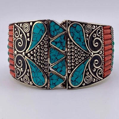 Impresionante brazalete antiguo cultural tibetano hermoso diseño vintage turquesa, coral Foto 1 de 4