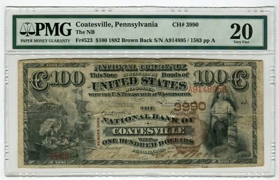 Coatesville, PA - $100 1882 Brown Back Fr. 523 The NB of Coatesville Ch. # 3990  - Image 1 of 2