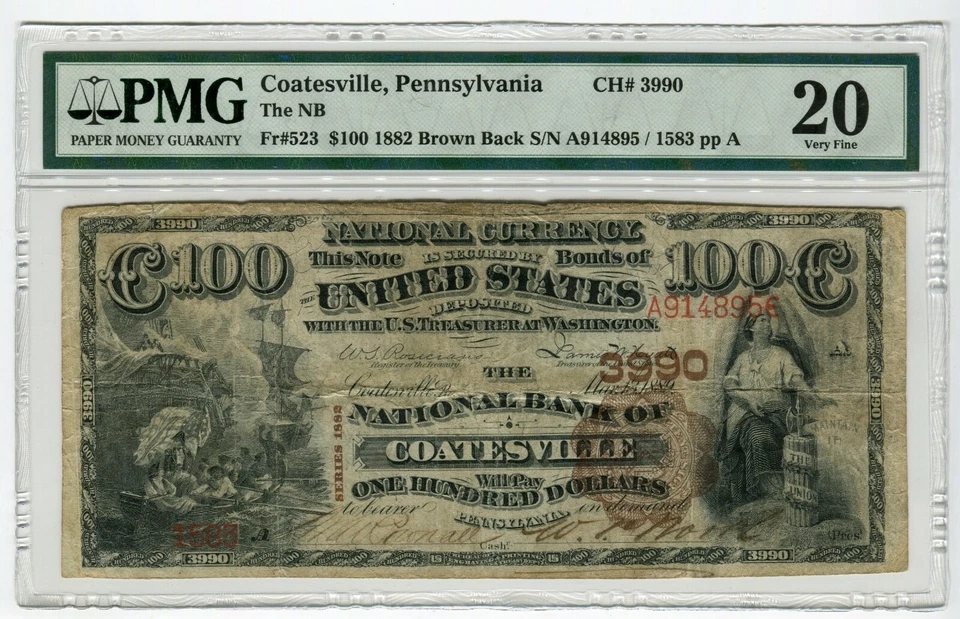 Coatesville, PA - $100 1882 Brown Back Fr. 523 The NB of Coatesville Ch. # 3990  - Image 1 of 2