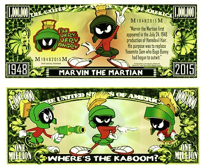 Marvin the Martian Million Dollar Bill Play Funny Money Novelty + FREE SLEEVE
