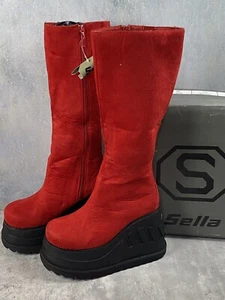 RARE Sella Platform Boots Red Gr. 8 Tramp Cyber Goth EU39 Faux Suede NOS VHTF - Bild 1 von 19