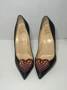 Christian Louboutin Coralta Mia Glitter Black/Velour Jeweled Heart 9.5 40 - Picture 1 of 11
