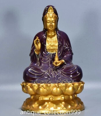 Estatua sentada de porcelana esmaltada púrpura horno Song Jun de 13" Kwan-yin diosa flor de loto Foto 1 de 4