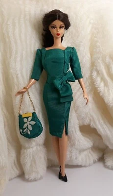 Outfit Dress Bag Fits Barbie Silkstone Vintage FR Doll Handmade Green Sleek