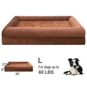 Large Dog Bed Orthopedic Foam Brown Pet Sofa 36x27" w/ Removable Bolster & Cover - Picture 1 of 9