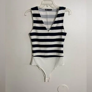 Zara Striped Bodysuit Blue and White V-Neck Sleeveless Size XSmall - Picture 1 of 4
