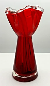 Lefton Hand Blown Art Glass 6.5" Bud Vase Crimson Red Multicolor Swirl w/Label - Picture 1 of 16