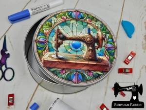 Stained Glass Vintage Sewing Machine, Sewing Themed Round Metal Storage Tin - Picture 1 of 1